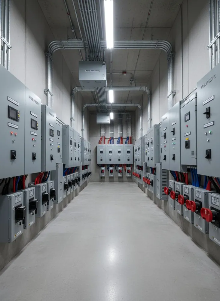 Commercial electrical room with 3-phase panels and disconnects
