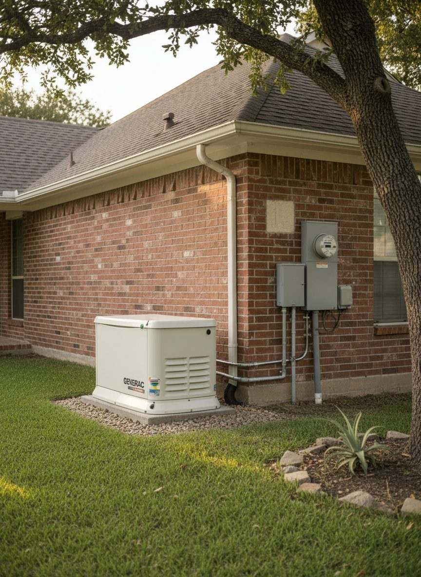 Standby generator installed beside a brick home
